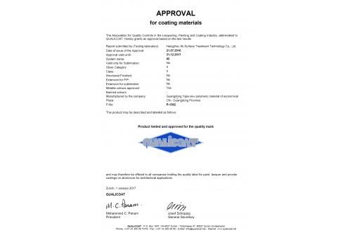 2017年度 Qualicoat 产品检测证书